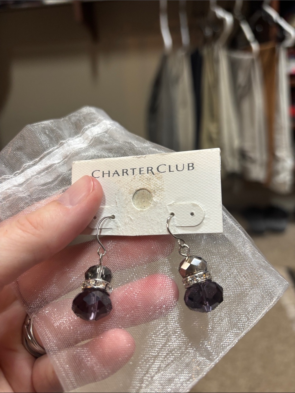 Charter Club Purple Faceted Drop Earrings with Rhinestone Accents - never worn